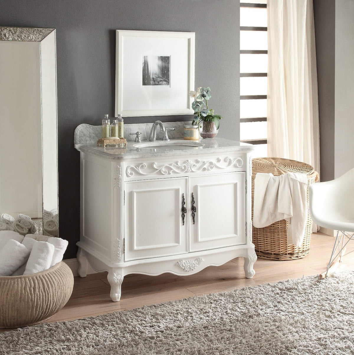 39" Bathroom Vanity with Italian Carrara Marble Counter - top Benton Collection Carbone