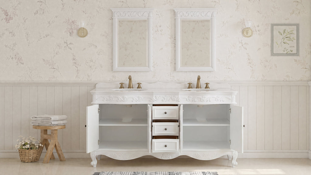 72 Inch Traditional Freestanding Antique White Beckham Bathroom Vanity, Double Sink, White Top, Fully Assembled