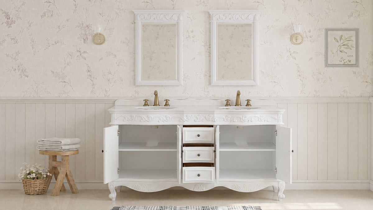 72 Inch Traditional Freestanding Antique White Beckham Bathroom Vanity, Double Sink, White Top, Fully Assembled