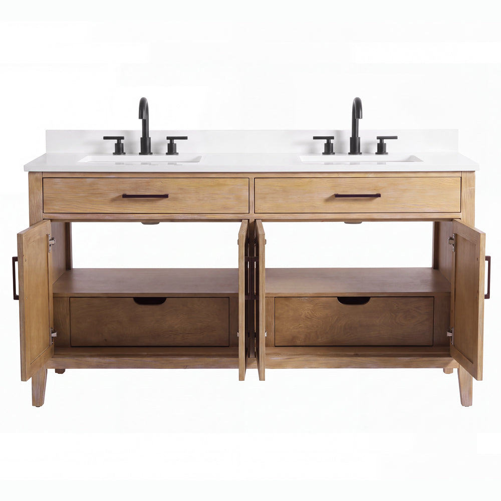 60 Inch Mid-Century Modern Weathered Natural Carvel Bathroom Vanity, Double Sink, White Quartz Top, Fully Assembled