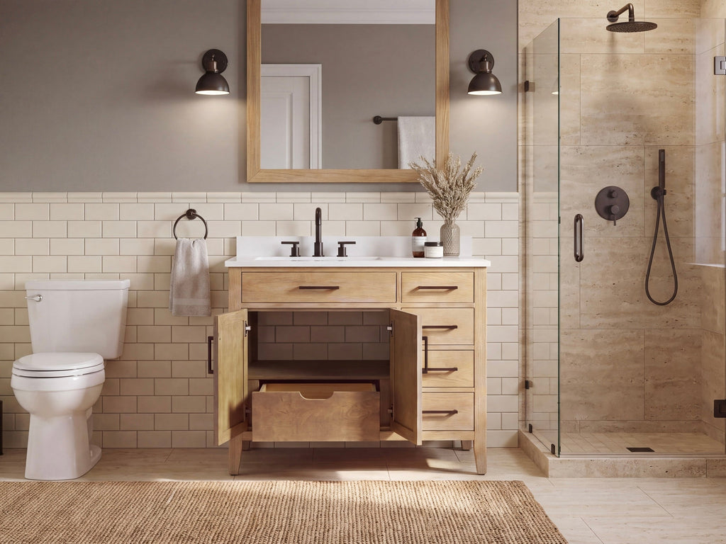 36 Inch Mid-Century Modern Weathered Natural Carvel Bathroom Vanity, Single Sink, White Quartz Top, Fully Assembled