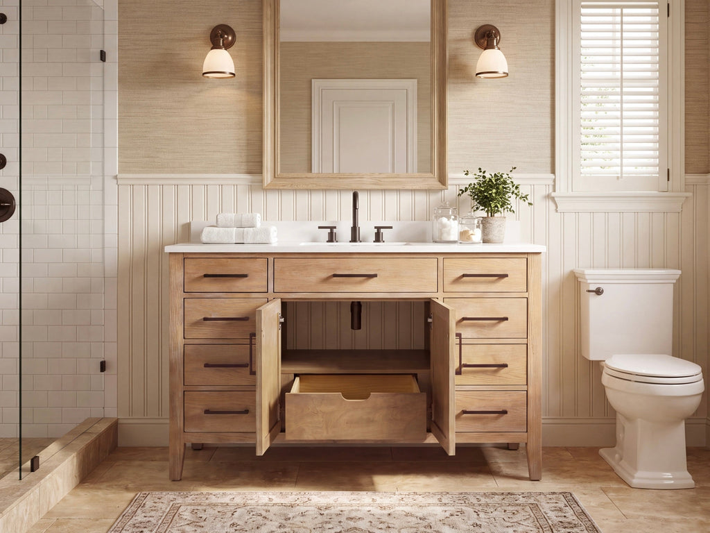 48 Inch Mid-Century Modern Weathered Natural Carvel Bathroom Vanity, Single Sink, White Quartz Top, Fully Assembled