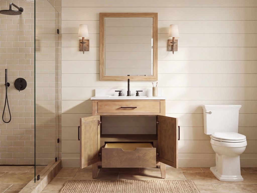 30 Inch Mid-Century Modern Weathered Natural Carvel Bathroom Vanity, Single Sink, White Quartz Top, Fully Assembled