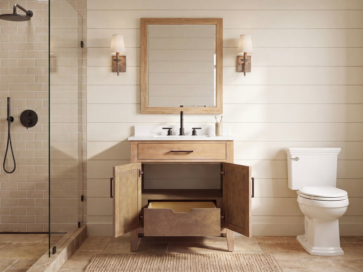 30 Inch Mid-Century Modern Weathered Natural Carvel Bathroom Vanity, Single Sink, White Quartz Top, Fully Assembled