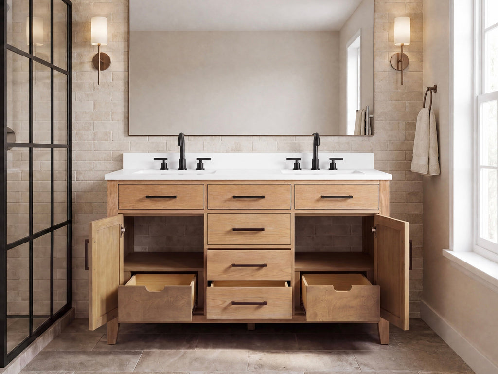 54 Inch Mid-Century Modern Weathered Natural Carvel Bathroom Vanity, Double Sink, White Quartz Top, Fully Assembled