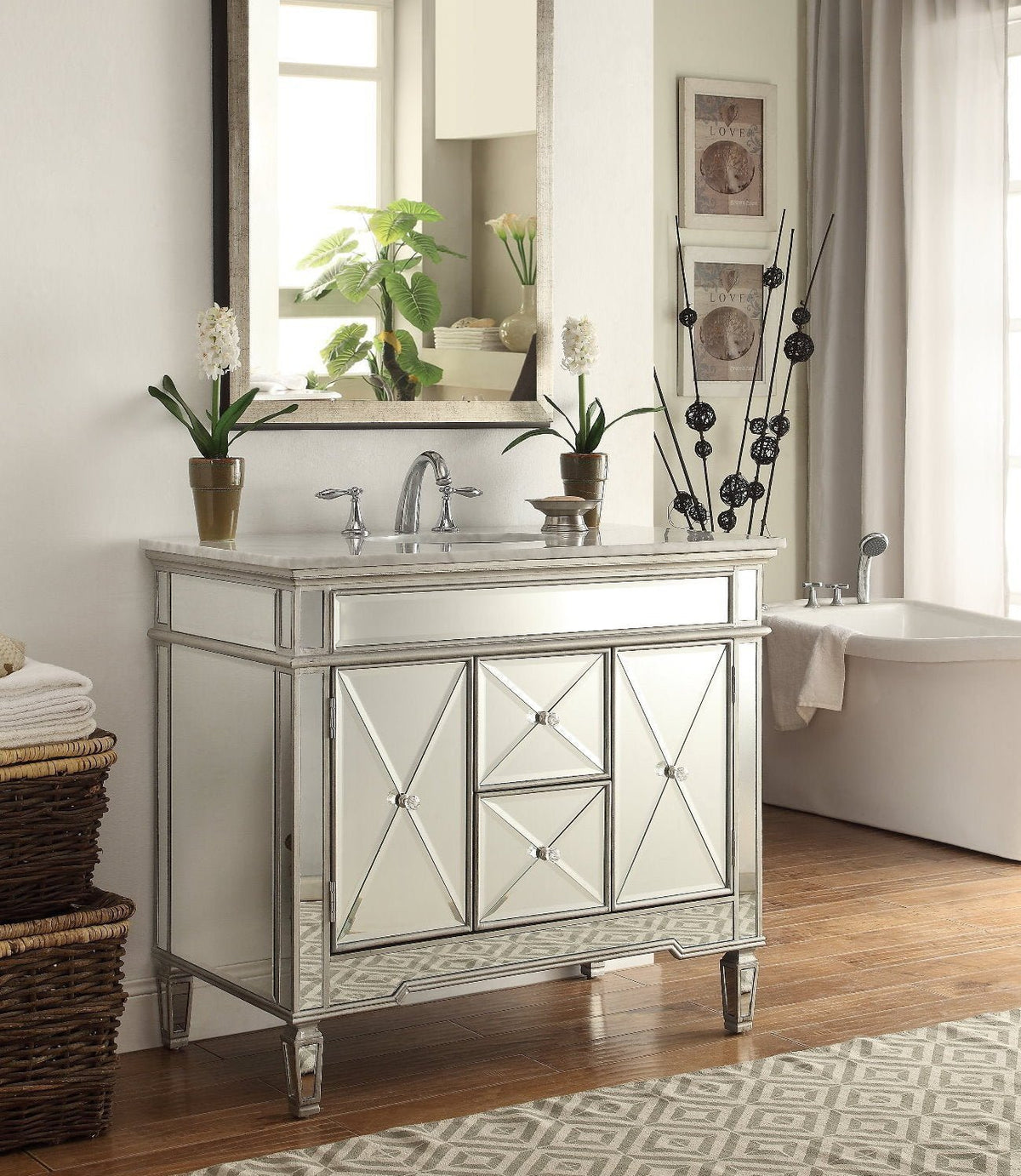 40" Benton Collection Mirrored Style Adelia Single Sink Bathroom Vanity with Carrara Top