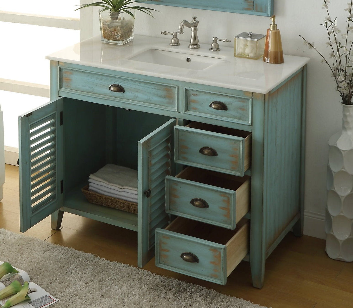42 Inch Abbeville Farmhouse Style Distressed Blue Bathroom Vanity