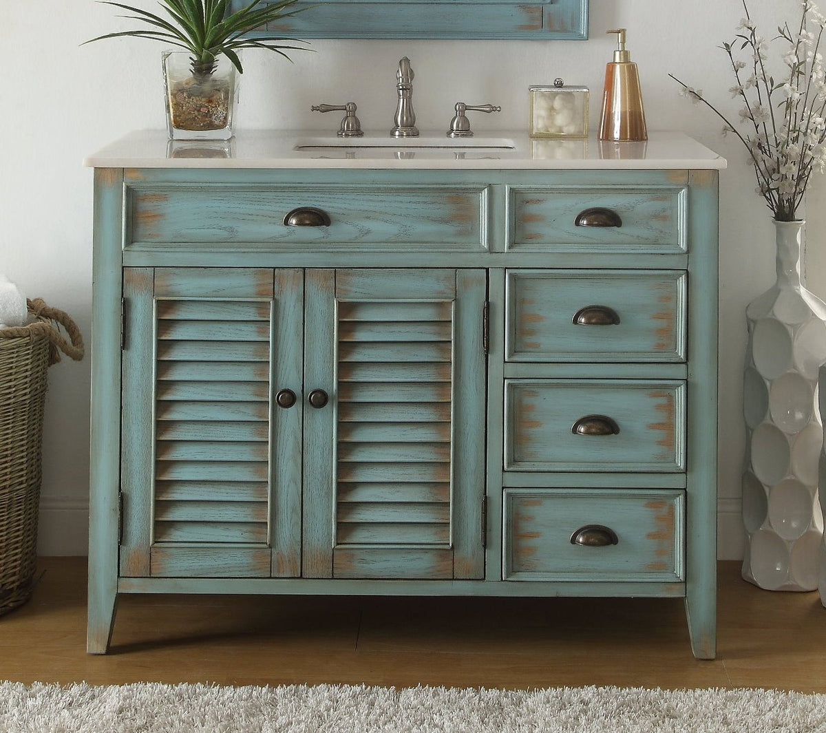 42 Inch Abbeville Farmhouse Style Distressed Blue Bathroom Vanity