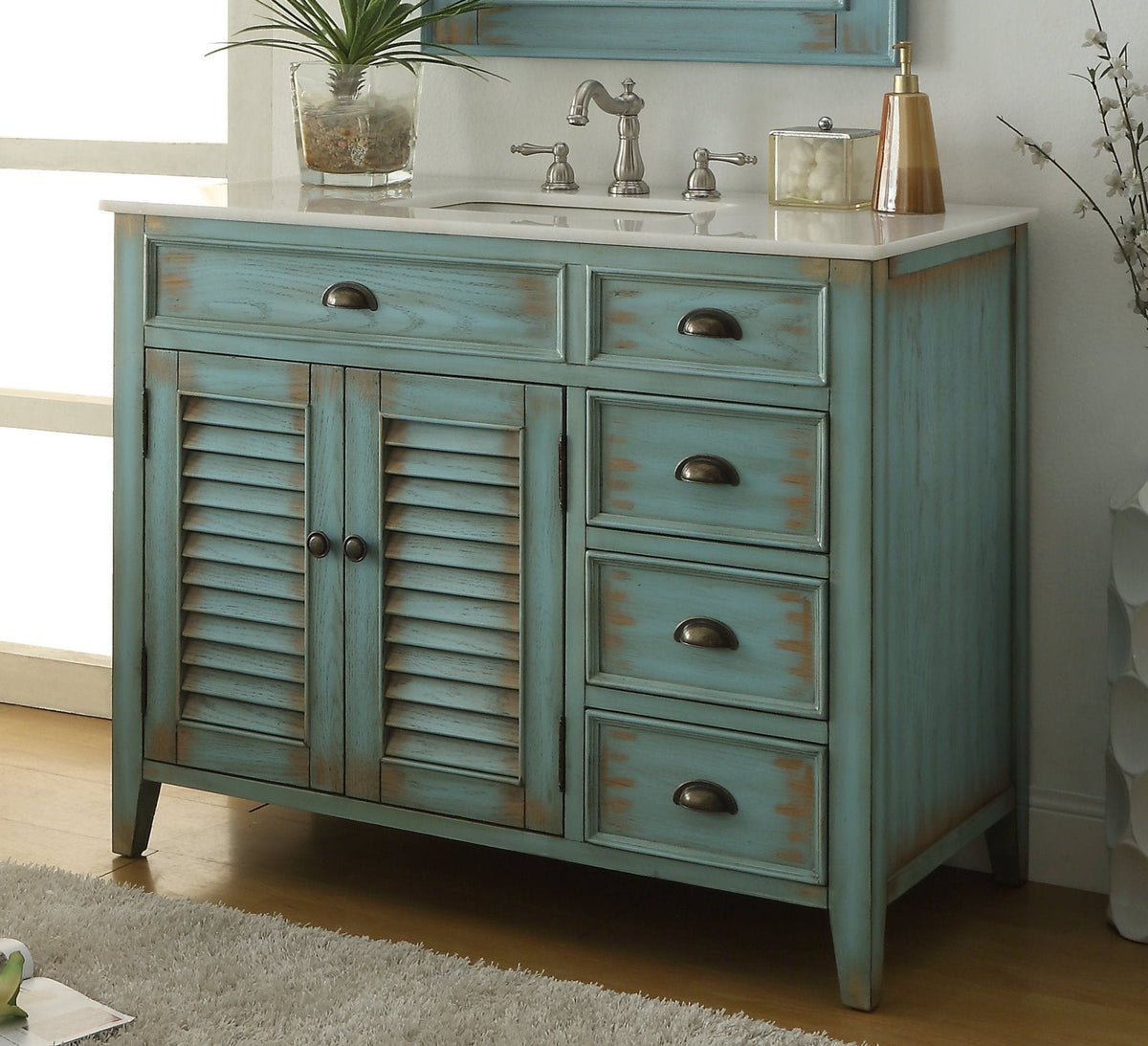 42 Inch Abbeville Farmhouse Style Distressed Blue Bathroom Vanity