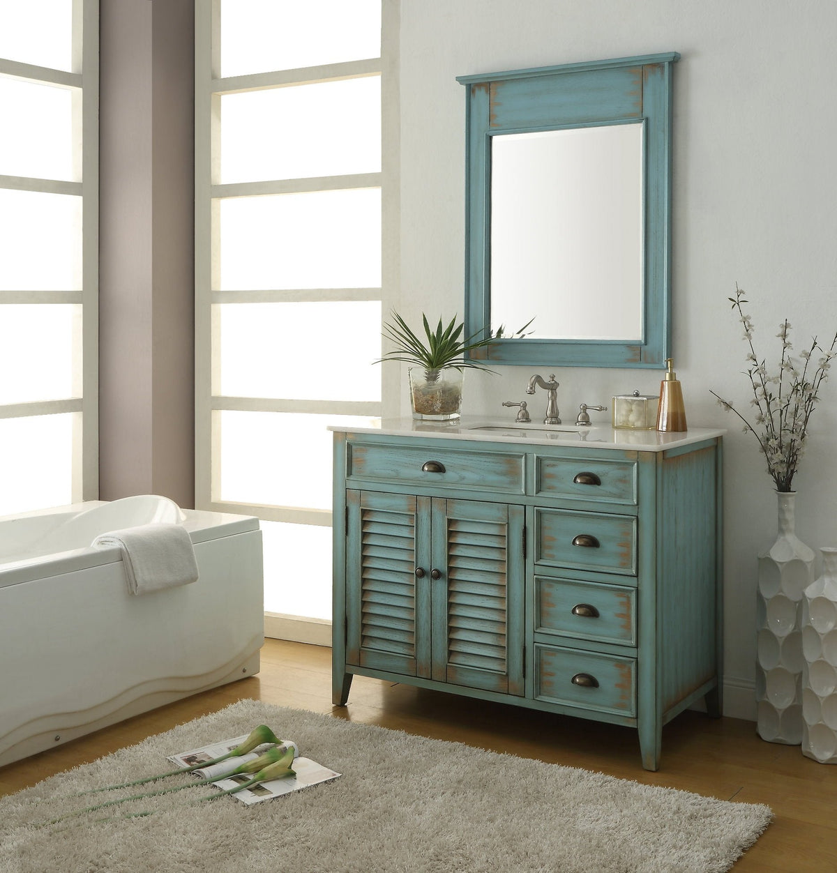 42 Inch Abbeville Farmhouse Style Distressed Blue Bathroom Vanity