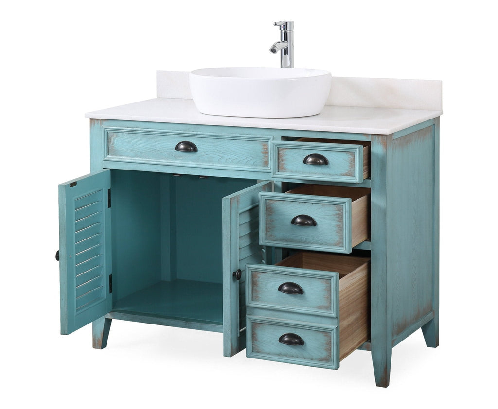 42 Inch Abbeville Farmhouse Style Distressed Blue Vessel Sink Bathroom Vanity