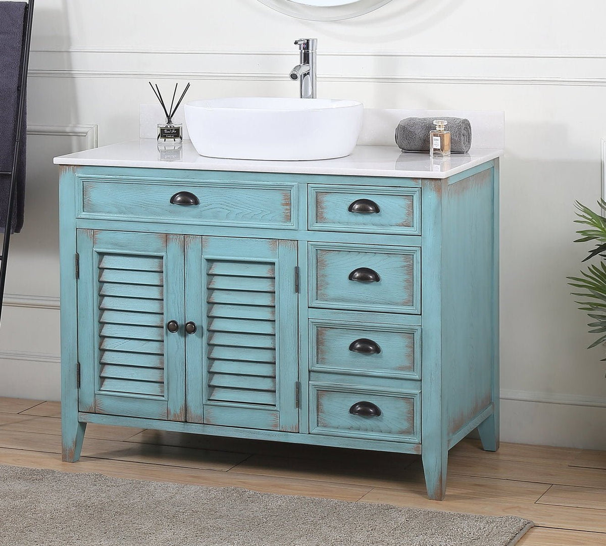 42 Inch Abbeville Farmhouse Style Distressed Blue Vessel Sink Bathroom Vanity