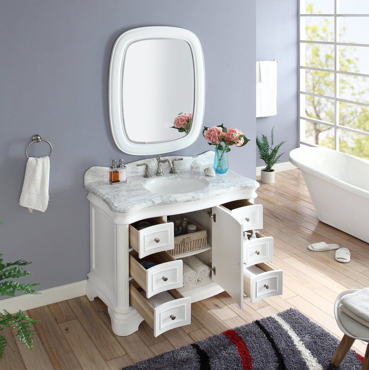 42" Benton Collection Carrara Marble Top Sesto White Bathroom Vanity