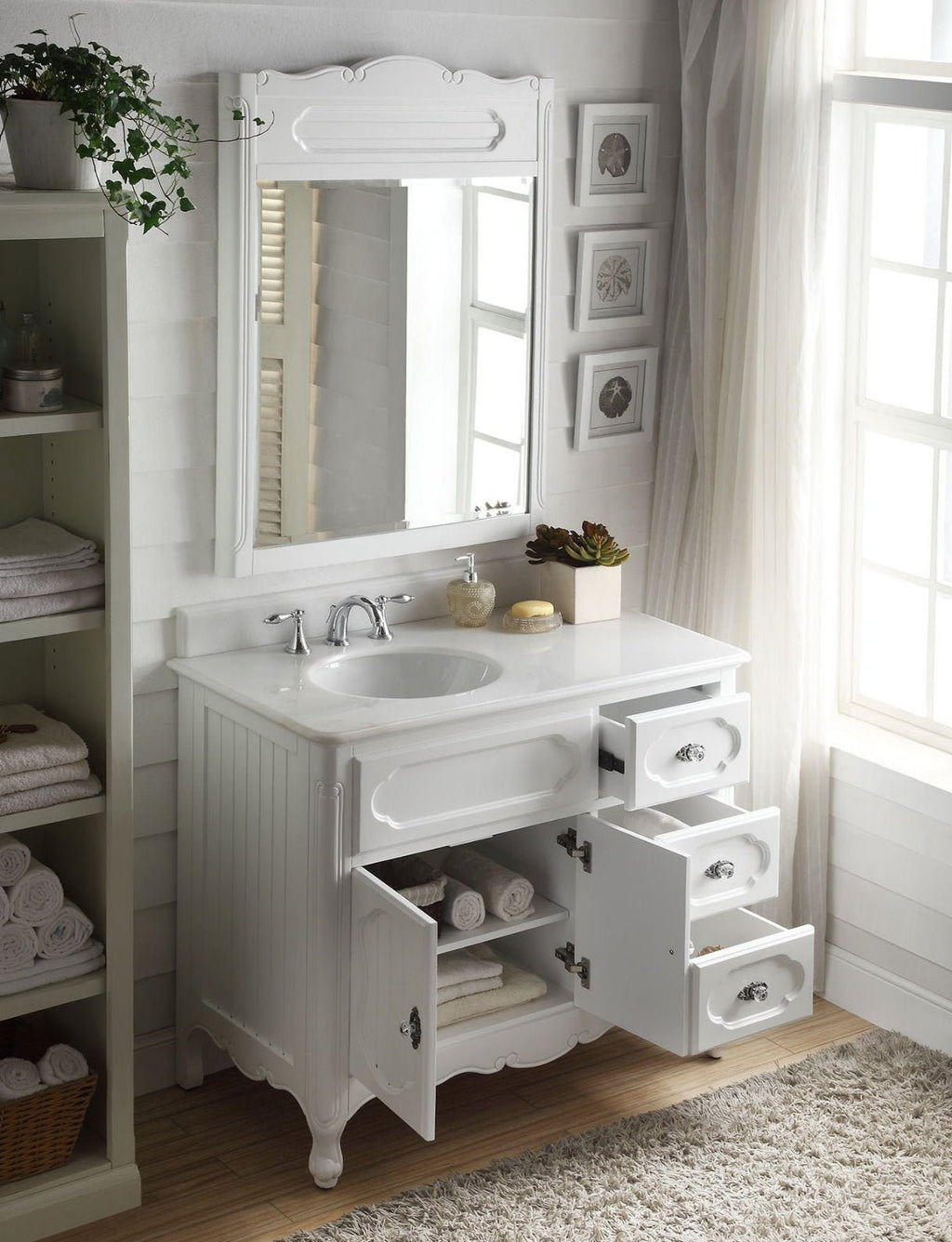 42 Inch White Charming Cottage Chic Knoxville Vanity With Marble Top