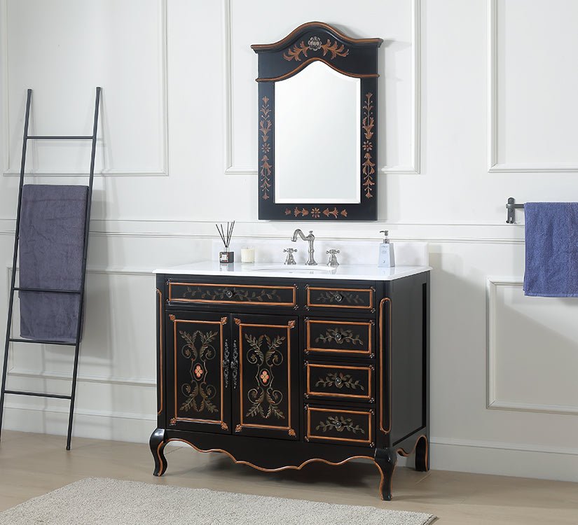 42 Inch Black Hand - Painted Floral Decoroso Bathroom Vanity With Side Drawers