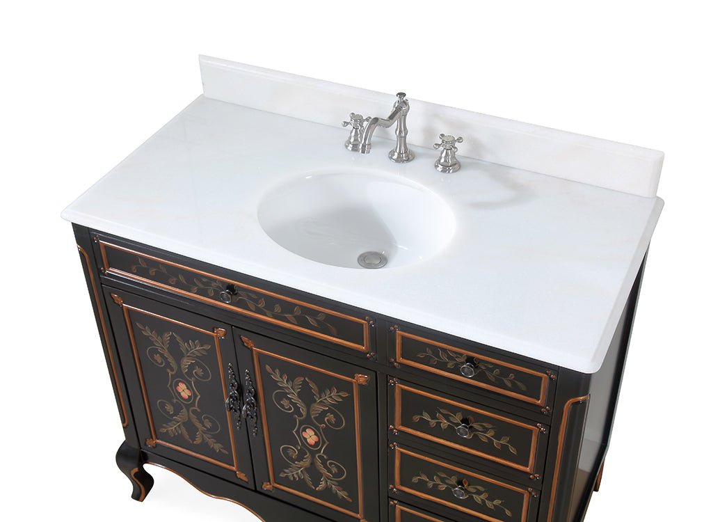42 Inch Black Hand - Painted Floral Decoroso Bathroom Vanity With Side Drawers