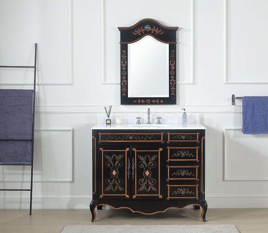 42 Inch Black Hand - Painted Floral Decoroso Bathroom Vanity With Side Drawers