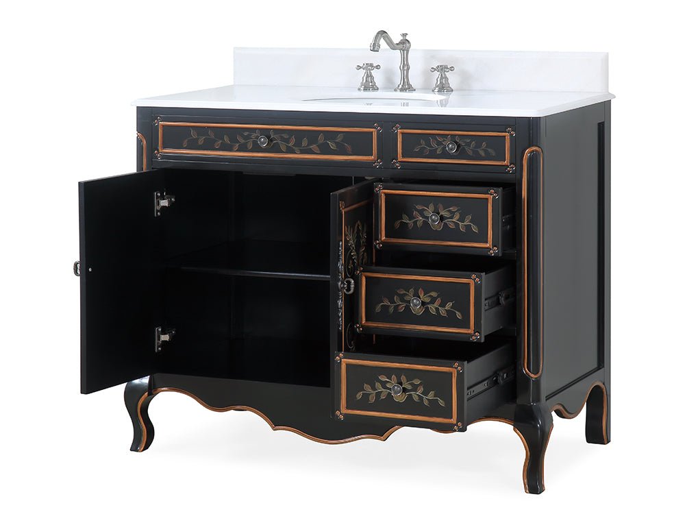 42 Inch Black Hand - Painted Floral Decoroso Bathroom Vanity With Side Drawers