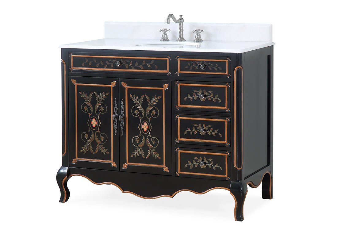42 Inch Black Hand - Painted Floral Decoroso Bathroom Vanity With Side Drawers