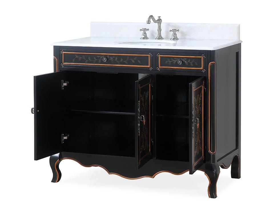 42 inch Black Hand - Painted Floral Decoroso Side Cabinet Bathroom Vanity