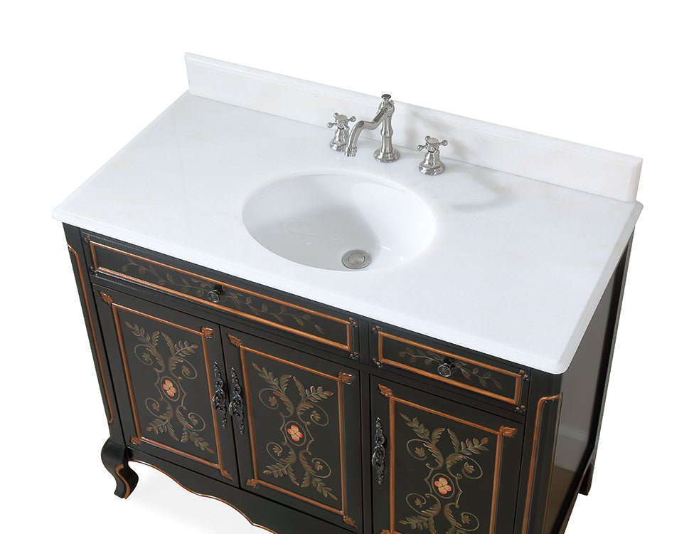 42 inch Black Hand - Painted Floral Decoroso Side Cabinet Bathroom Vanity