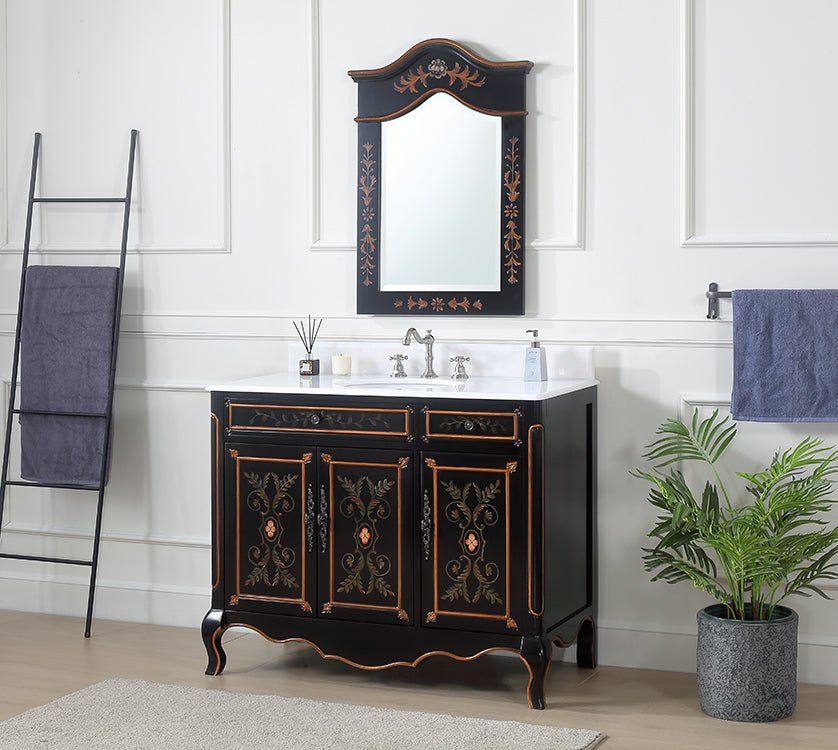 42 inch Black Hand - Painted Floral Decoroso Side Cabinet Bathroom Vanity