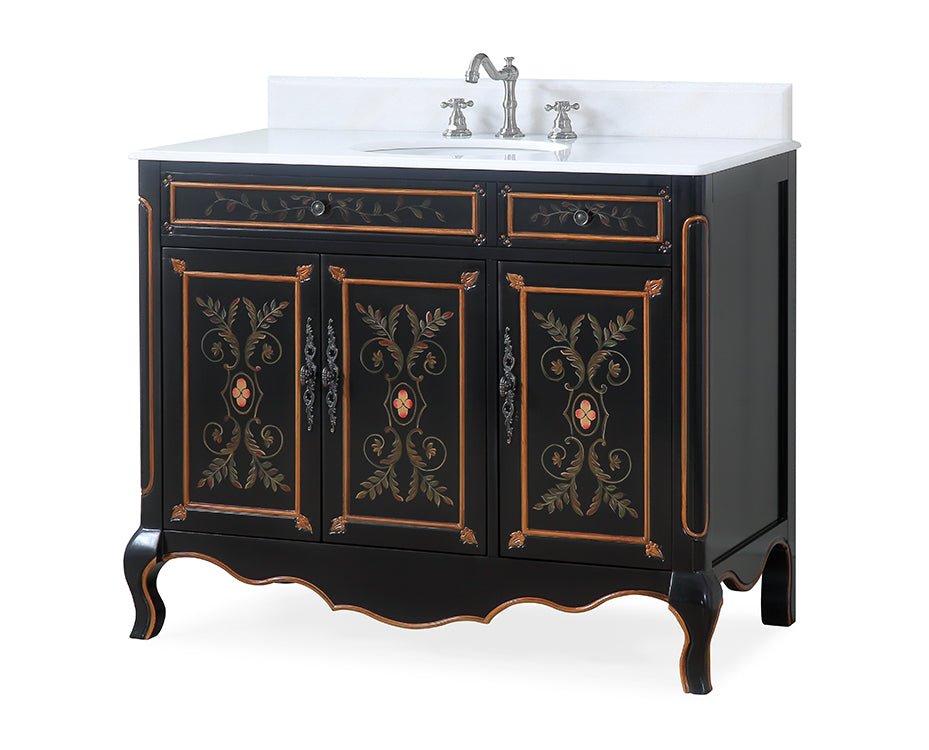 42 inch Black Hand - Painted Floral Decoroso Side Cabinet Bathroom Vanity