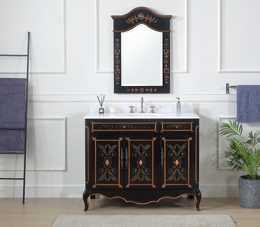 42 inch Black Hand - Painted Floral Decoroso Side Cabinet Bathroom Vanity