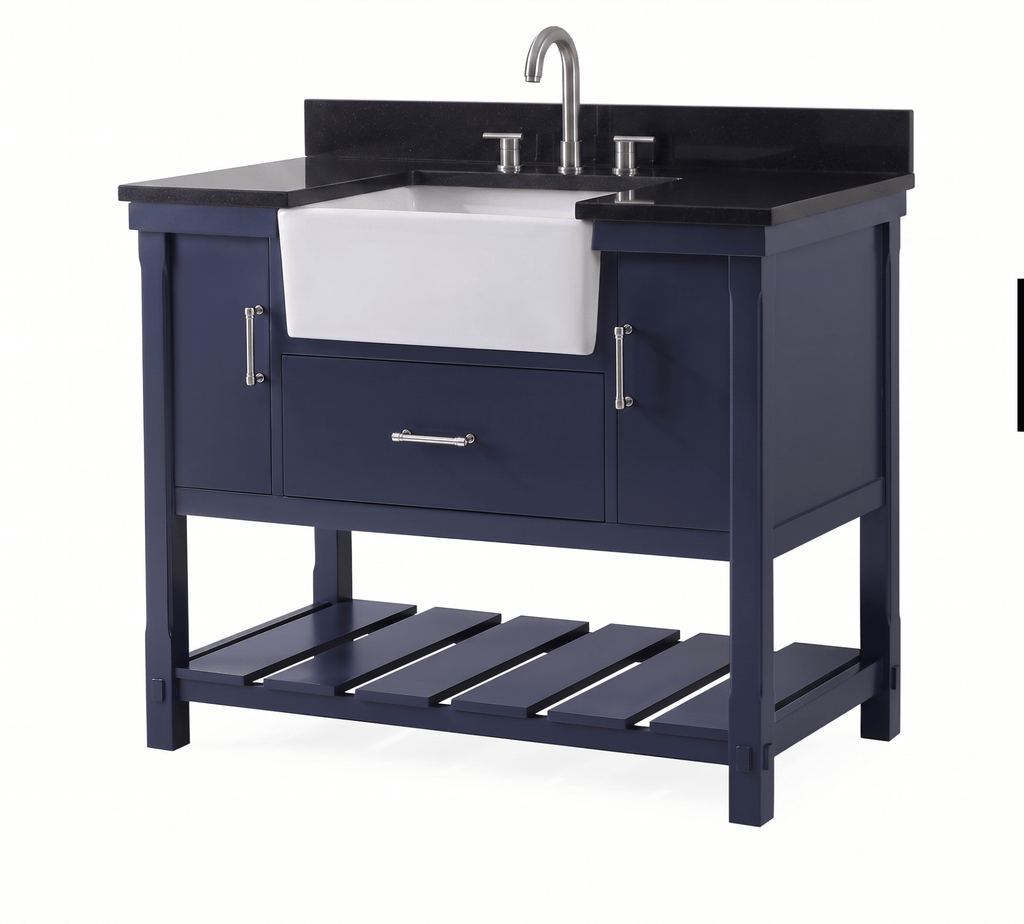 42 Inch Kendia Navy Blue Farmhouse Sink Style Bathroom Vanity With Black Granite Top Fully Assmebled