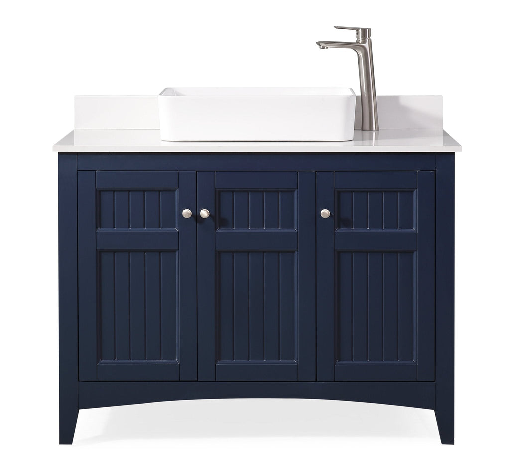 42 Inch Navy Blue Triadsville Cottage - Style Vessel Sink Bathroom Vanity With White Quartz Top