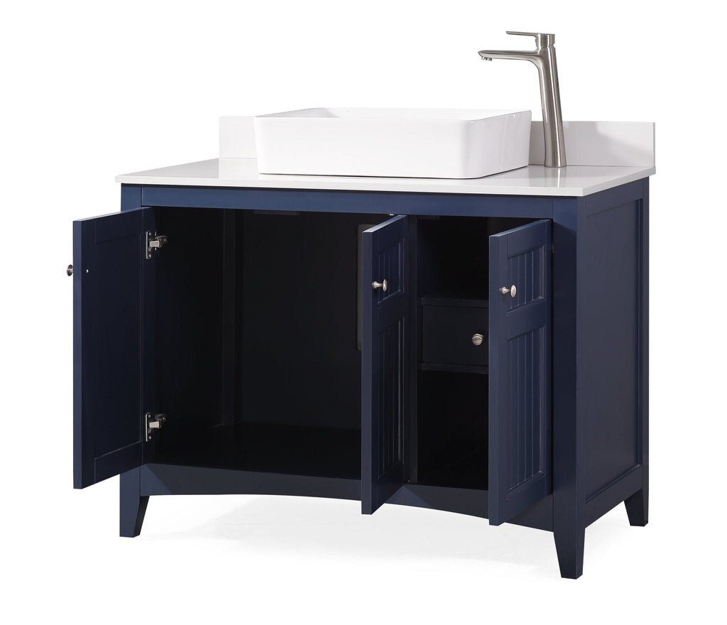 42 Inch Navy Blue Triadsville Cottage - Style Vessel Sink Bathroom Vanity With White Quartz Top
