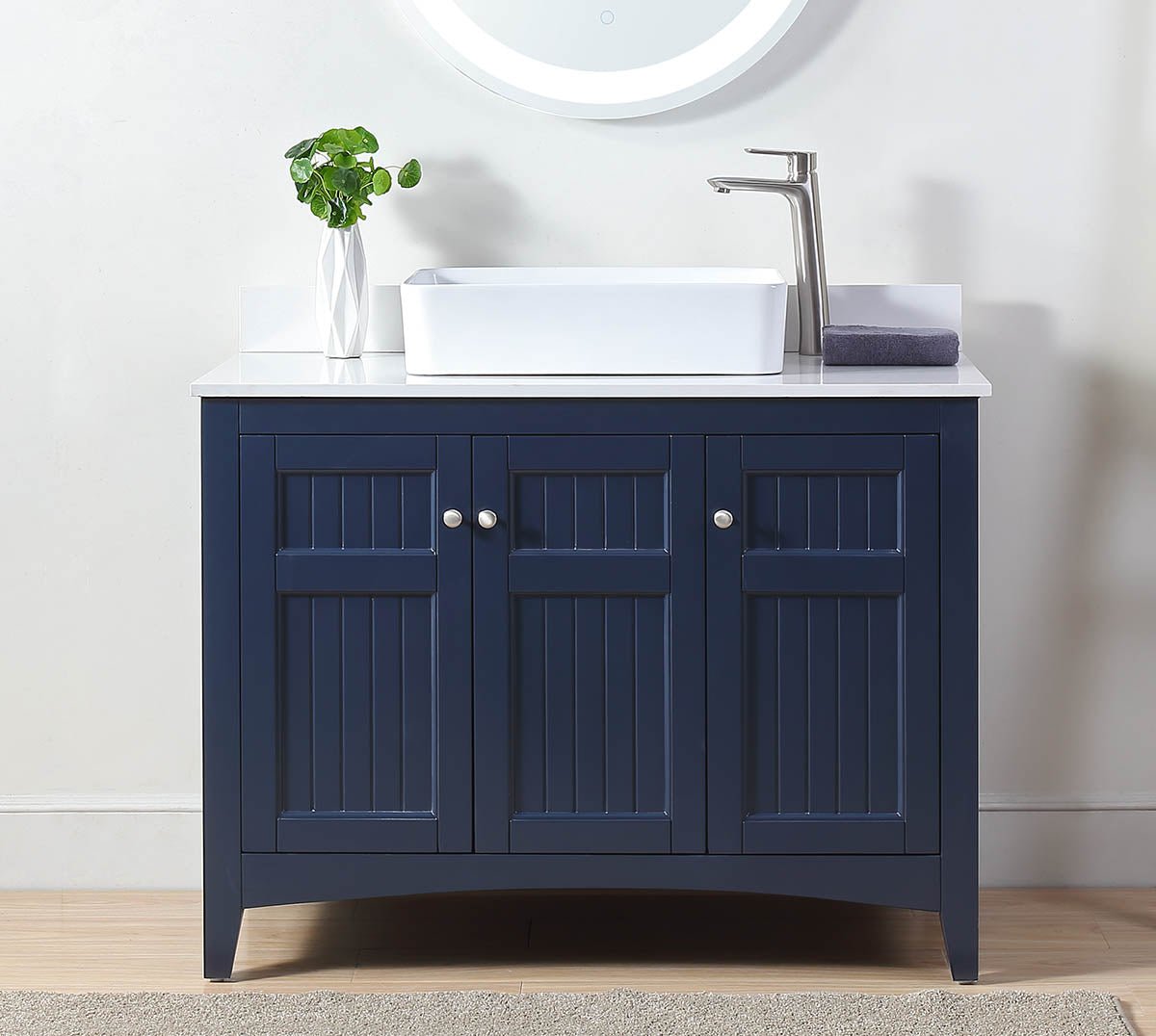 42 Inch Navy Blue Triadsville Cottage - Style Vessel Sink Bathroom Vanity With White Quartz Top