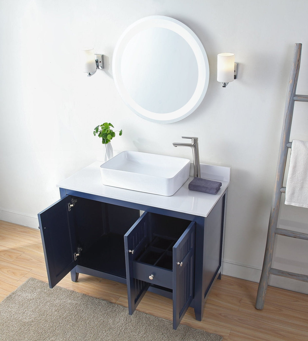42 Inch Navy Blue Triadsville Cottage - Style Vessel Sink Bathroom Vanity With White Quartz Top