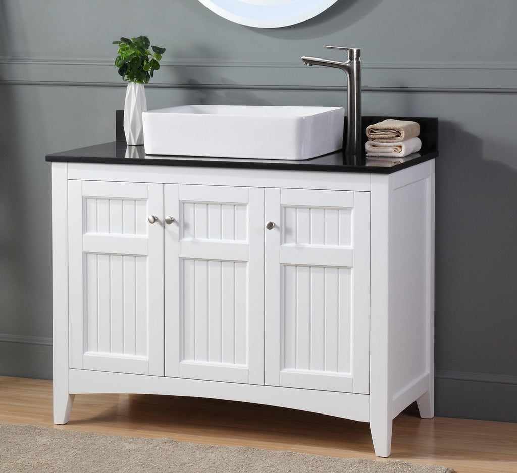 42 Inch White Triadsville Vessel Sink Bathroom Vanity With Black Granite Top & Faucet Set