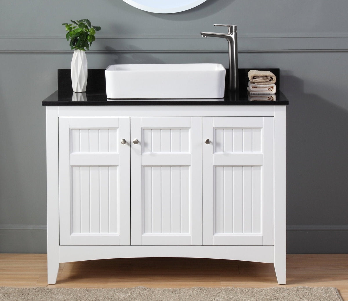 42 Inch White Triadsville Vessel Sink Bathroom Vanity With Black Granite Top & Faucet Set