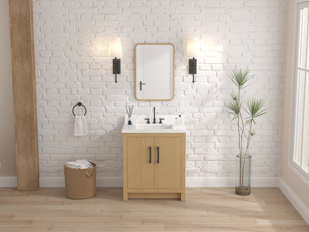 30 Inch Modern Freestanding Light Oak Sandi Bathroom Vanity, Single Sink, White Quartz Top, Fully Assembled