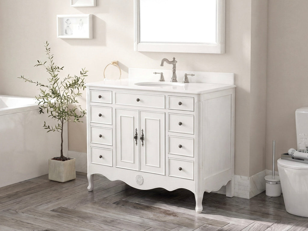 46 Inch Distressed Antique White Cottage Style Daleville Bathroom Sink Vanity