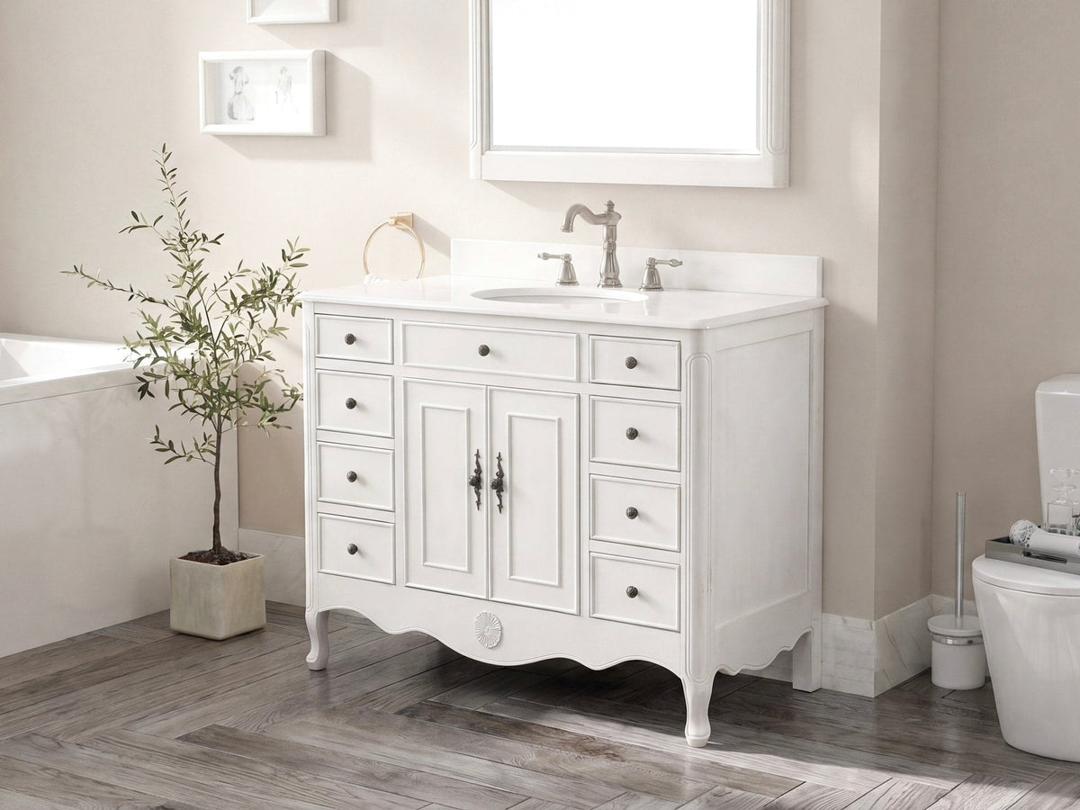 46 Inch Distressed Antique White Cottage Style Daleville Bathroom Sink Vanity