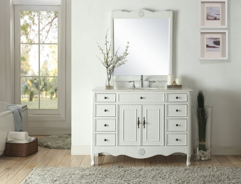 46 Inch Distressed Antique White Cottage Style Fayetteville Bathroom Sink Vanity