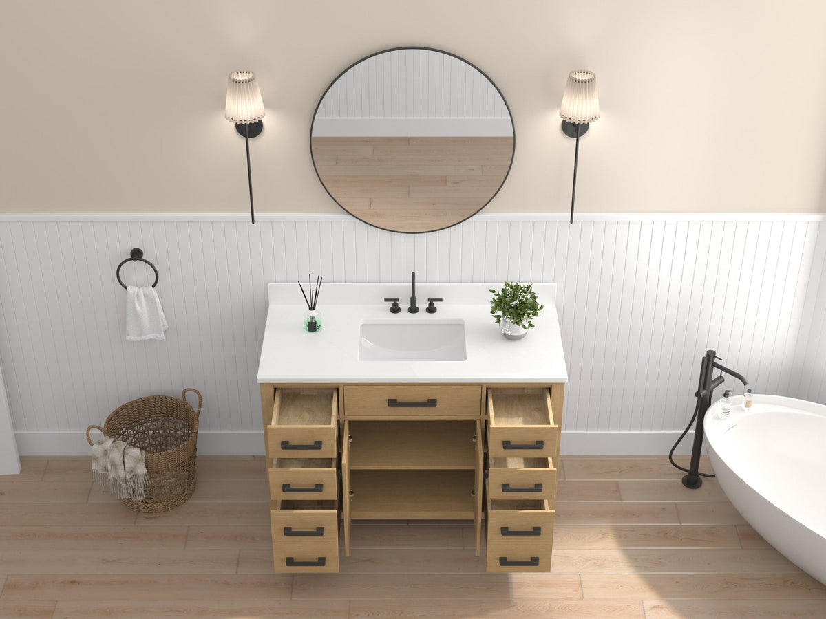 48 Inch Aged Oak Finish Rella Single Sink Bathroom Vanity With White Quartz Top