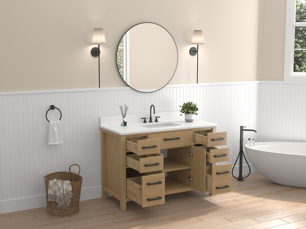 48 Inch Aged Oak Finish Rella Single Sink Bathroom Vanity With White Quartz Top