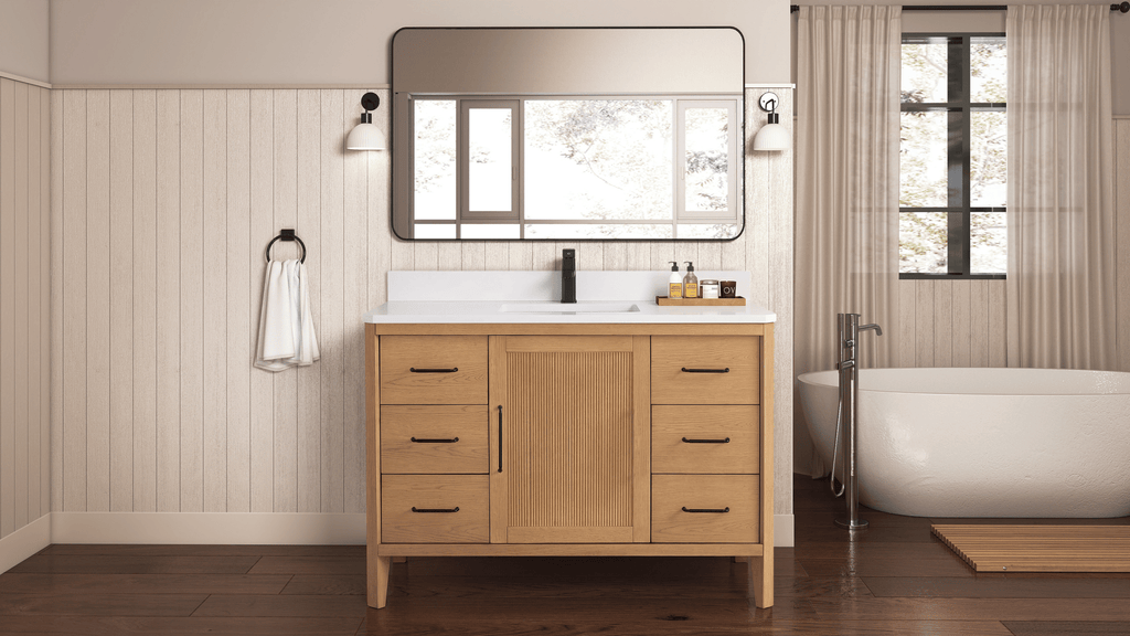 48 Inch Barque Single Sink Warm Oak Brown Finish Bathroom Vanity With White Top