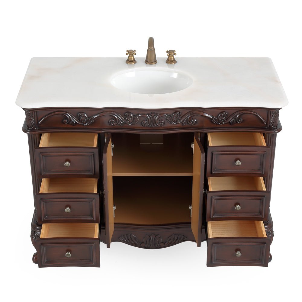 48 Inch Dark Brown Traditional Style Single Sink White Marble Countertop Beckham Bathroom Vanity