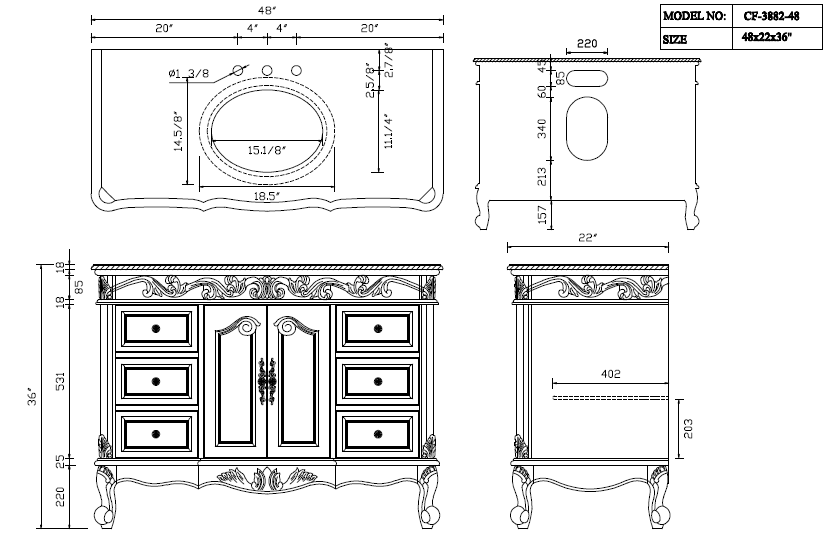 48 Inch Dark Brown Traditional Style Single Sink White Marble Countertop Beckham Bathroom Vanity