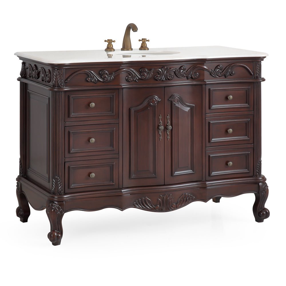 48 Inch Dark Brown Traditional Style Single Sink White Marble Countertop Beckham Bathroom Vanity