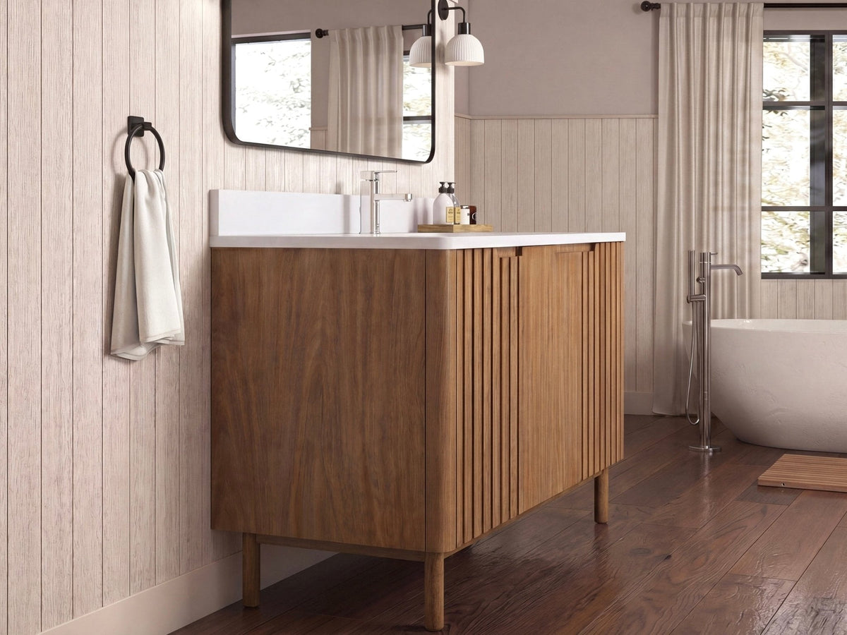 48 Inch Fume Single Sink Mango Warm Oak Brown Finish Bathroom Vanity With White Top