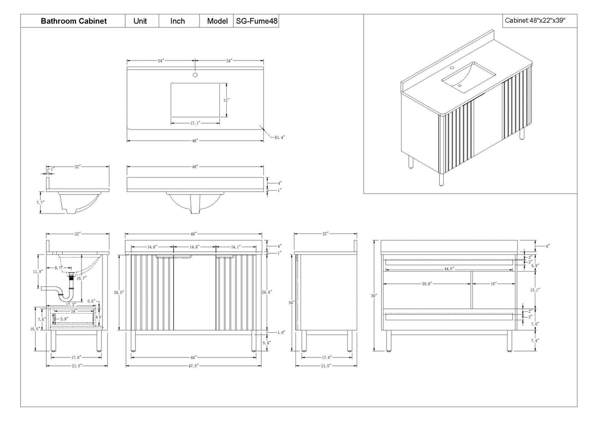 48 Inch Fume Single Sink Mango Warm Oak Brown Finish Wall Mount Floating Style Bathroom Vanity