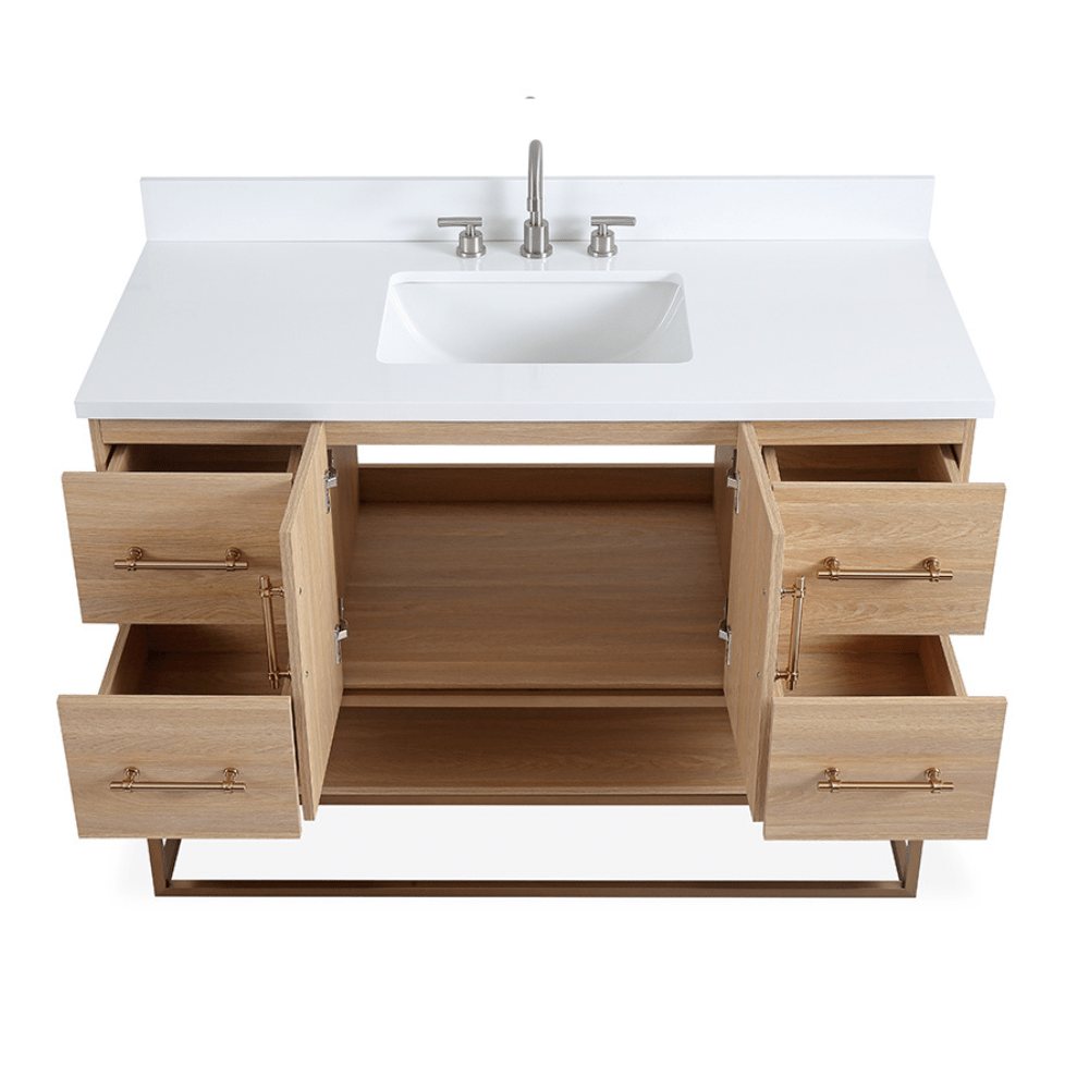 48 Inch Light Oak Lima Single Sink Bathroom Vanity With Open Shelf & Gold Leg Base