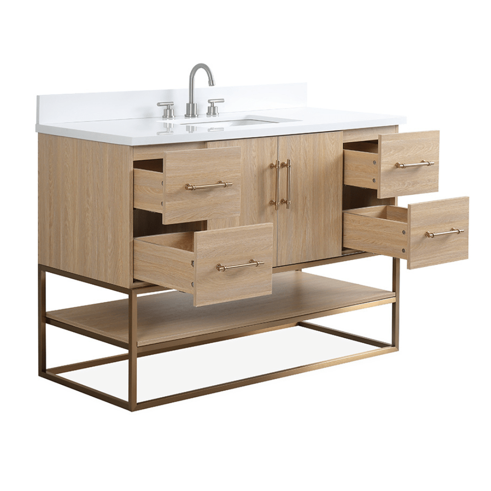 48 Inch Light Oak Lima Single Sink Bathroom Vanity With Open Shelf & Gold Leg Base