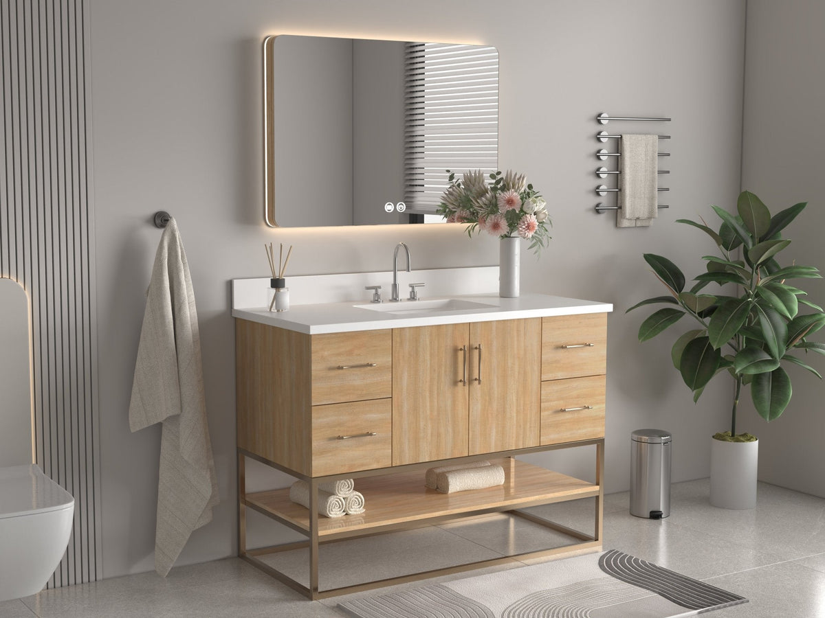 48 Inch Light Oak Lima Single Sink Bathroom Vanity With Open Shelf & Gold Leg Base